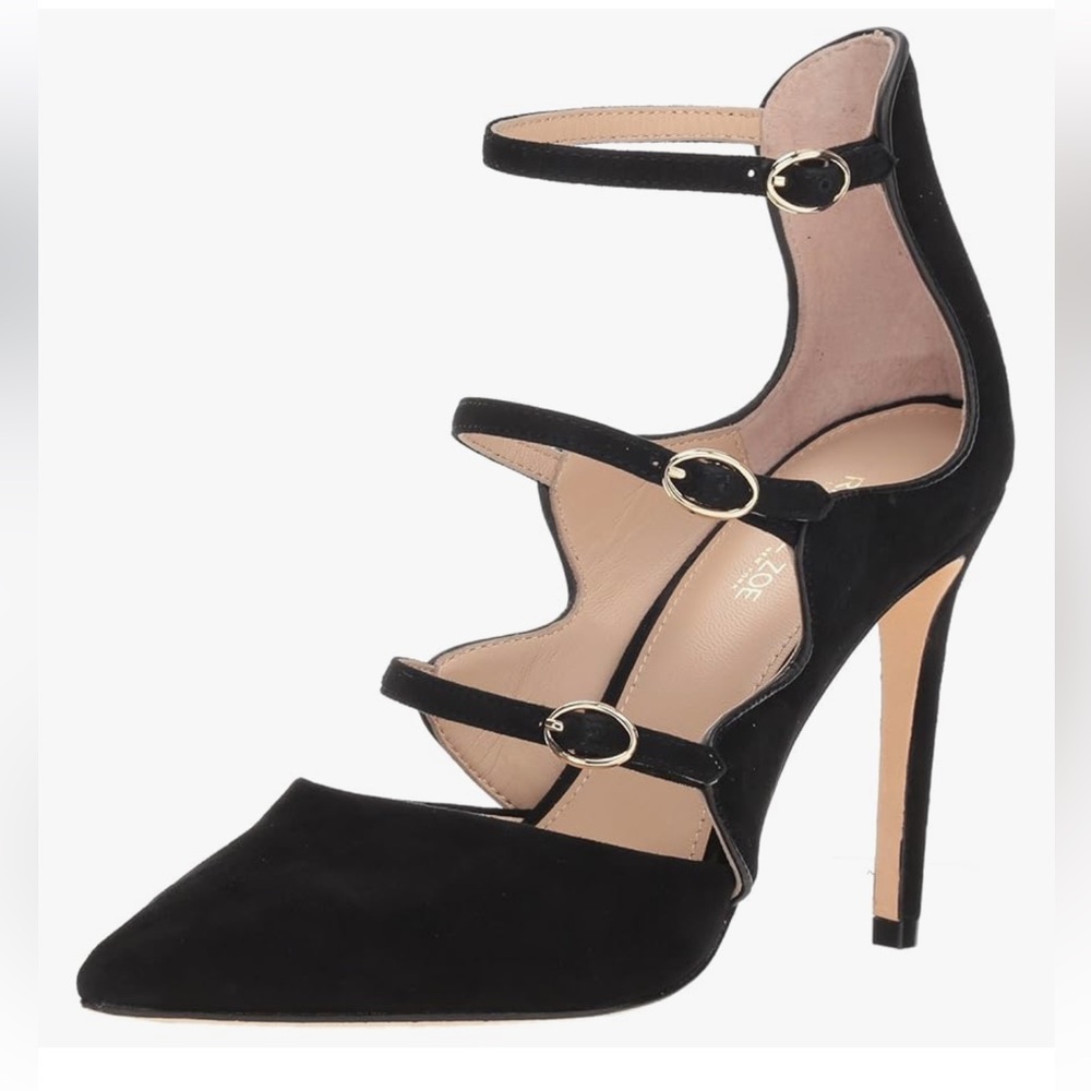 RACHEL ZOE WOMEN’S PHOENIX HEEL THREE STRAP POINTED TOE BLACK SUEDE SZ 8